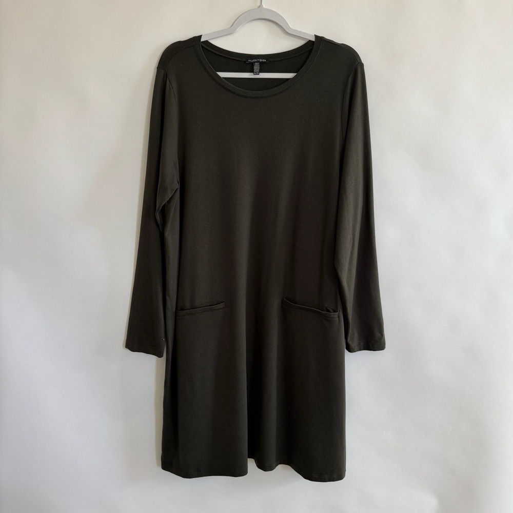 Eileen Fisher Tencel Lyocell Long Sleeve Shift Dress Pockets Green XL Soft Comfy